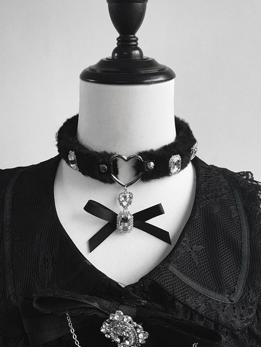 Black Choker with Embellishments Bowknot Pendant Plush Rhinestone