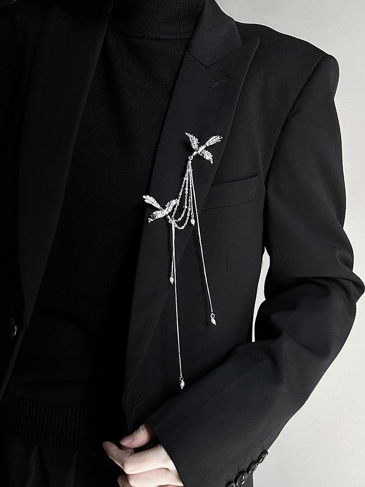 Cheongsam Style Silver Bird Brooch with Chains & Bottom Bead Embellishments