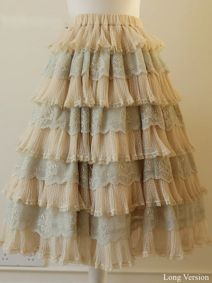 Details with Tulle Flower Multi-Layered Blue Lolita Beige Elegant Skirt Embroidery