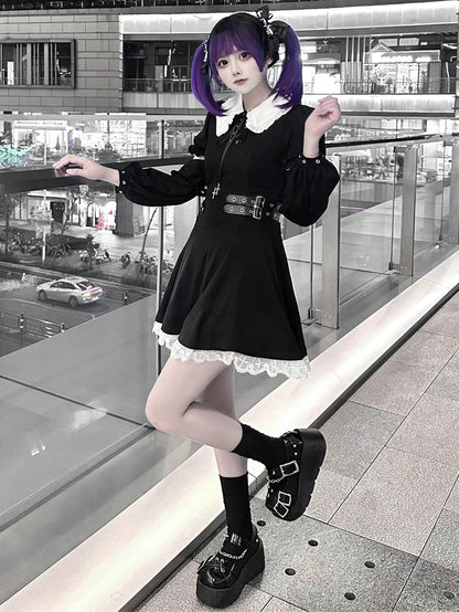 ジライケイ ブラック 取り外し可能な袖 バックルストラップ ウエスト ランドマインスタイル ドレス