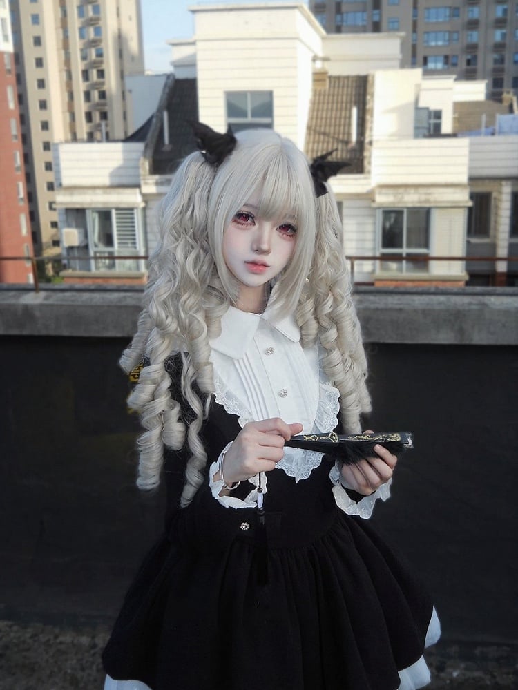 White 35cm Full Bang Wig & 50cm Double Wavy Ponytails Claw Clip - Alice Garden