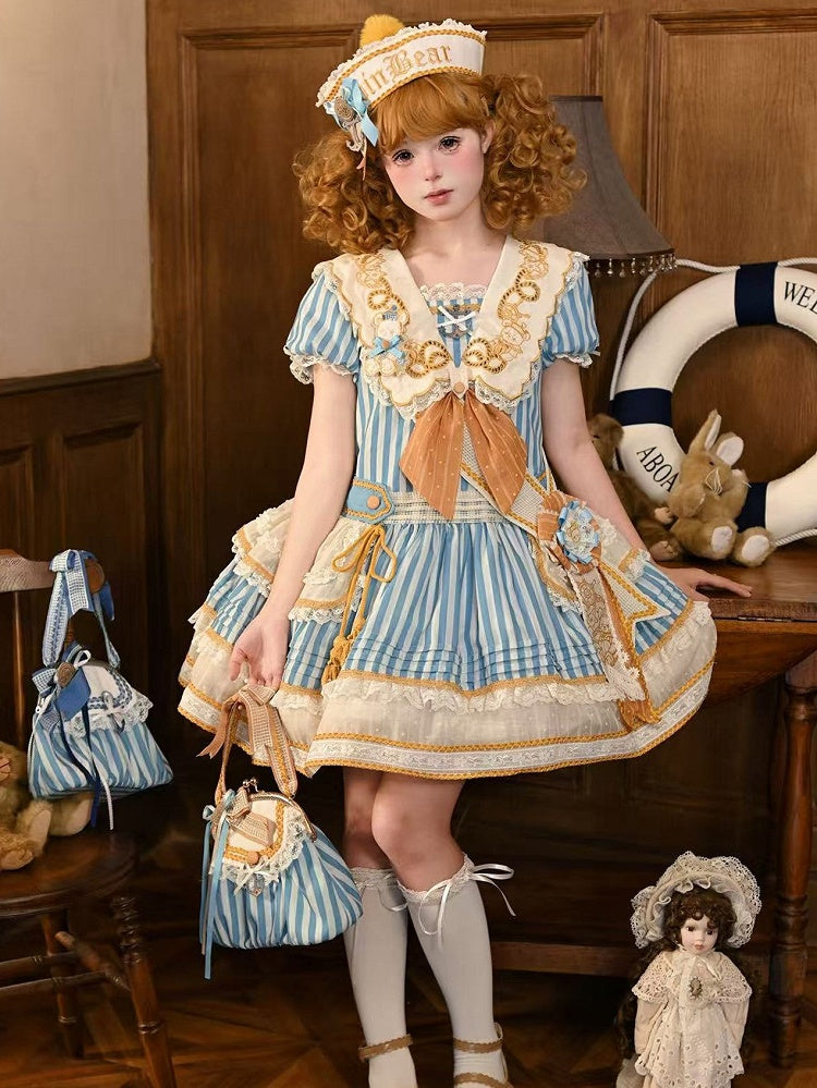 Striped Low Waist Sailor Lolita Dress with Embroidered Collar - Twin Bear Original Design