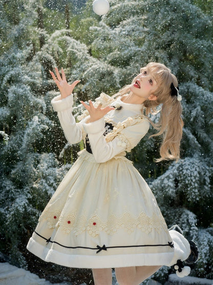 und Ausschnitt Beige Lange Ärmel Manschetten Lolita Floral Plüsch Kleid Mieder Stickerei