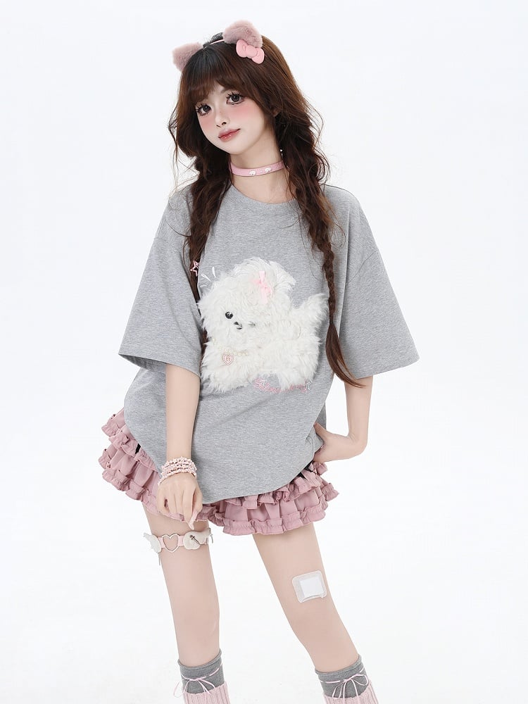 Black/Light Blue/Light Gray Plush Puppy Applique Loose T-Shirt