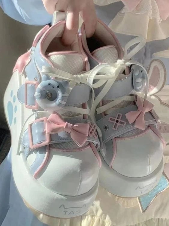 Platform - Embroidery Lolita Blue White Sweet Regular/Thicken Sneakers Version Paw
