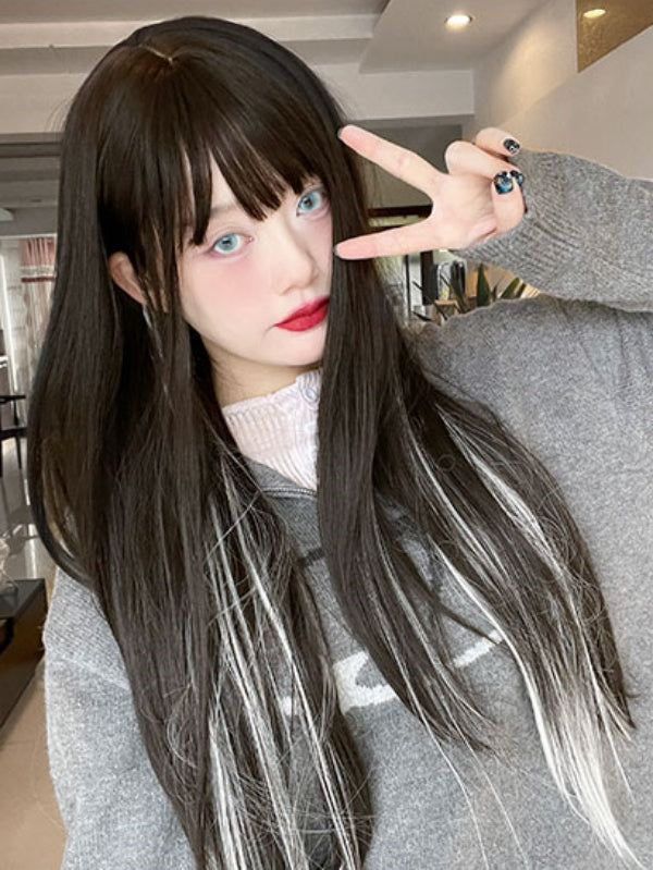 70CM Black Bangs Wig with Silver Highlight Straight