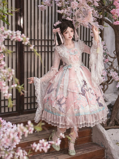 Pink Chinoiserie Lolita High Waist JSK Dress with Swallow and Peach Blossom Print - Dream Magic Box