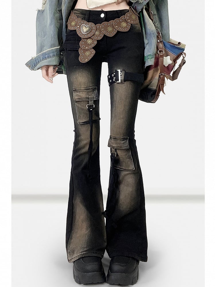 ダメージ加工のフレアブラックジーンズデザインシルエットビタースウィート