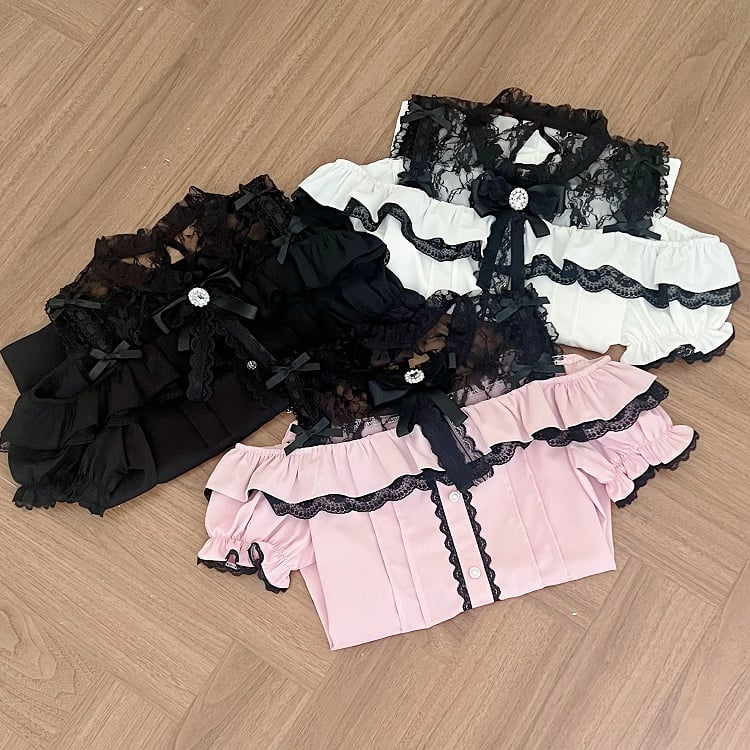 Jirai Kei White Blouse Black Neckline with Shoulder Open Illusion