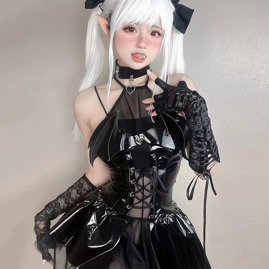 Little Devil Cosplay Set - Sexy PU Leather Mini Dress JK Uniform