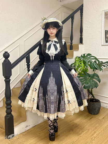 Print and Lolita Hem with Gothic Dress Black Beige Long-Sleeve Ruffled Church