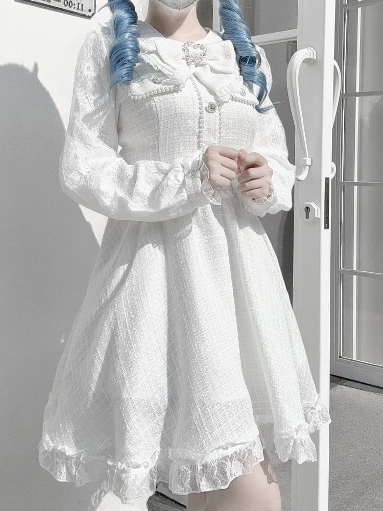 with Long Jirai Dress Kei Tweed Lace Sleeves White