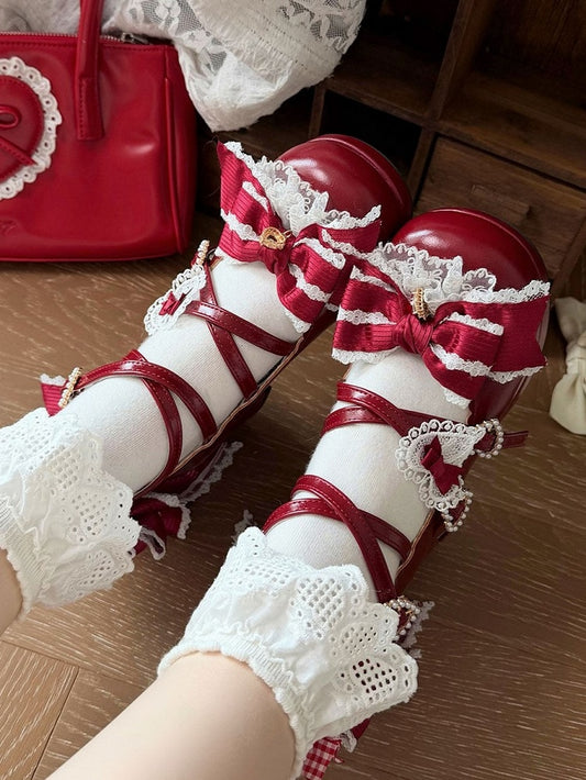 Red Lolita Heart Crystal Bow Lace Platform Shoes - Sheep Puff