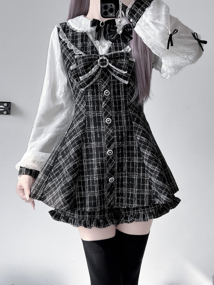 ミニドレス、ショートパンツ付き、リボンセット、取り外し可能なビッグジライケイ、ブラック、ホワイト、ツイード、ピーターパンカラー
