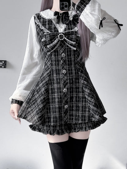 ミニドレス、ショートパンツ付き、リボンセット、取り外し可能なビッグジライケイ、ブラック、ホワイト、ツイード、ピーターパンカラー