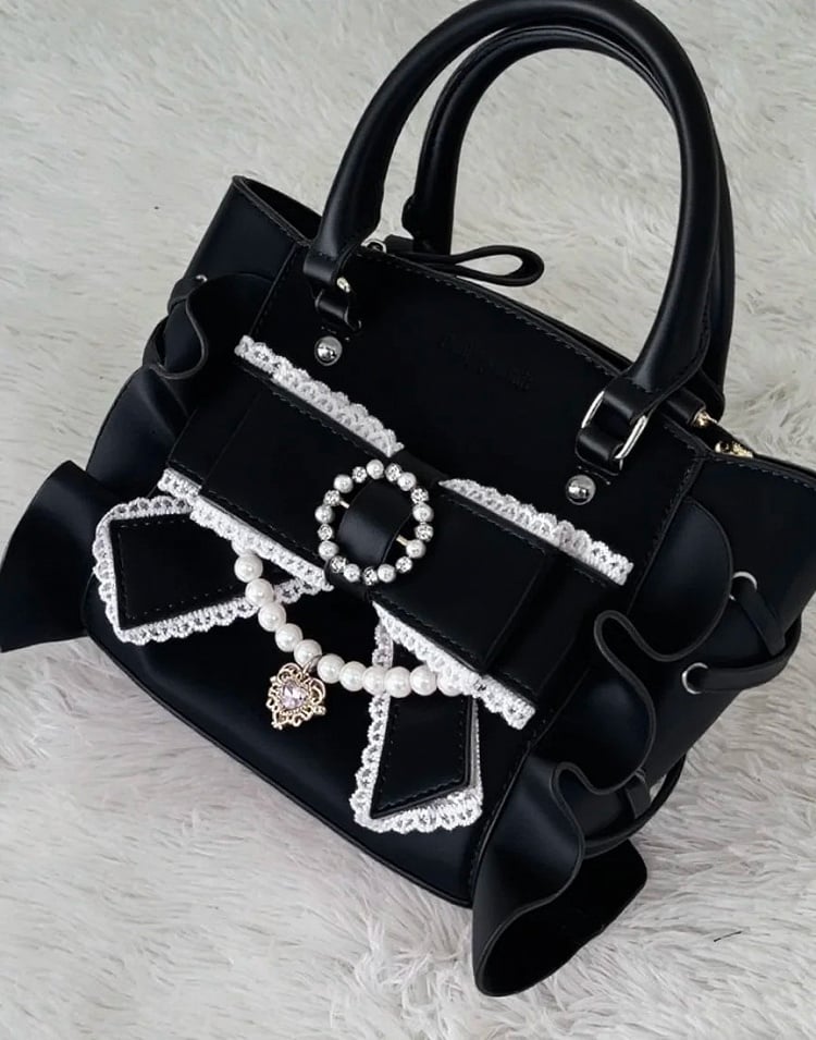 Jirai Kei Pink/Black Big Bow Handbag with Beaded Chain and Heart Rhinestone Charm