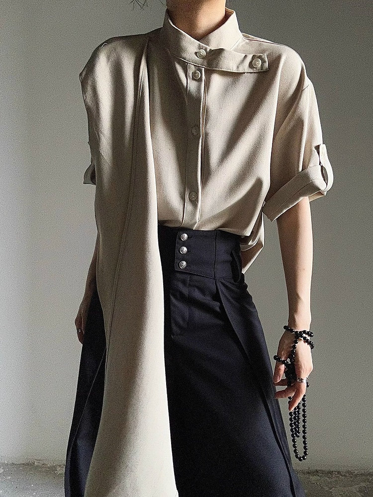 Button Unisex Khaki Extended Short Sleeve Shirt with Collar Stand