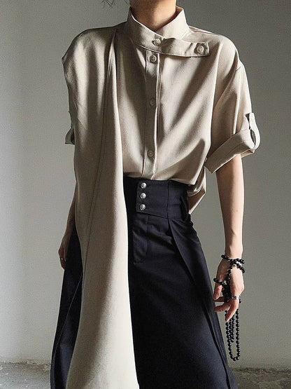 Button Unisex Khaki Extended Short Sleeve Shirt with Collar Stand