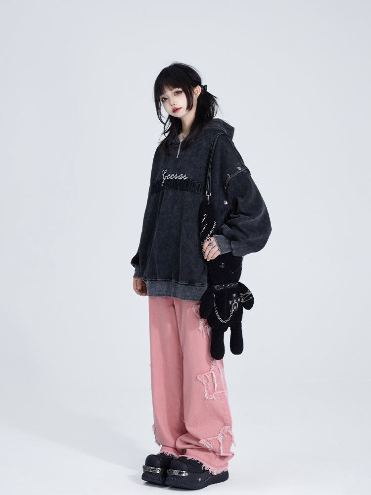 Detachable Sleeves with Black Hoodie Lettering Embroidered Vintage