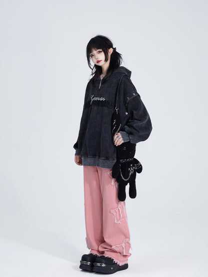 Detachable Sleeves with Black Hoodie Lettering Embroidered Vintage