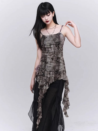 Asymmetrical Top with Ruched Brown Cami Hem Glamorous Flounce Waist