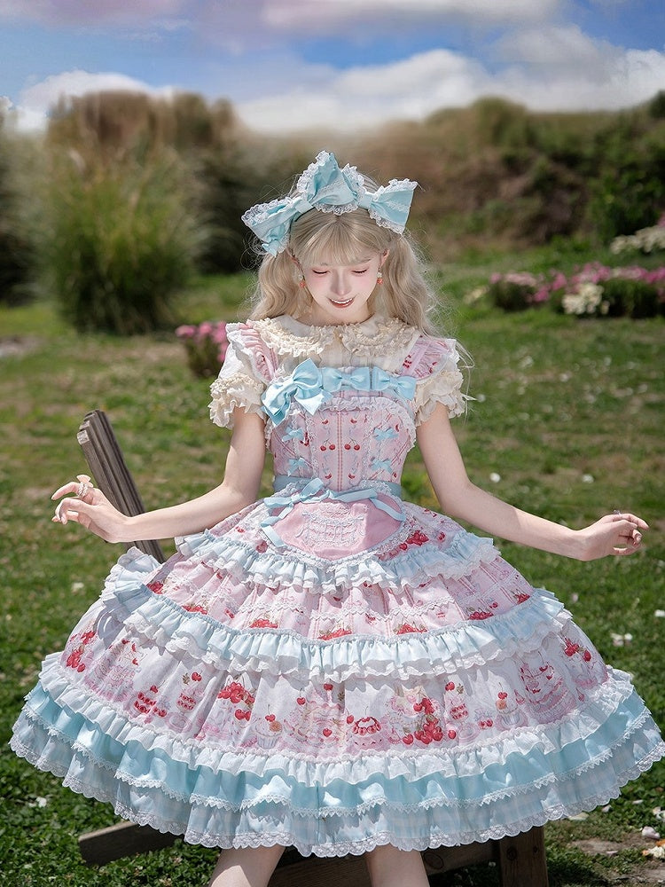 Blue Cherry Cake Print Sweet Lolita Dress with Bow Details - Strawberry Fantasy