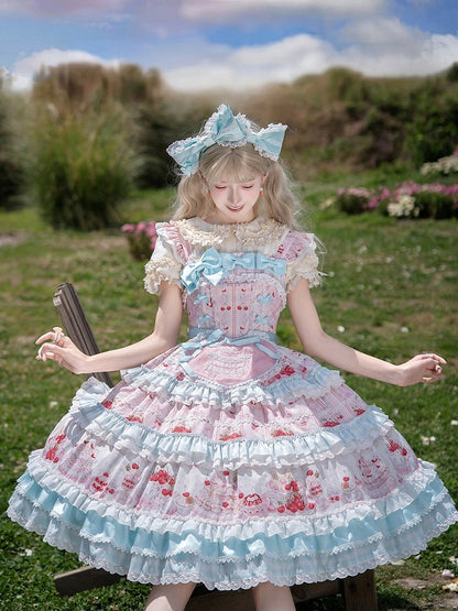 Blue Cherry Cake Print Sweet Lolita Dress with Bow Details - Strawberry Fantasy