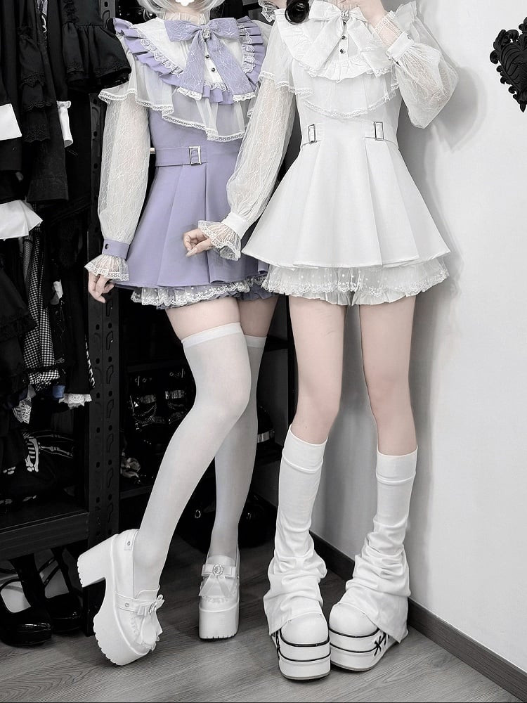 Purple Cape Design Long Sleeve Dress with Lace and Shorts Set - Faded Dolls