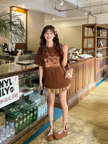 Teddy Bear Print Brown Adorable Loose T-shirt Neck Plushie with Mushroom Round