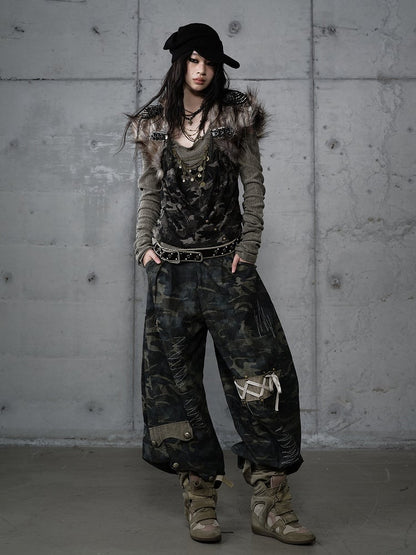 Pants Cargo Zigzag Punk Deconstructed with Camo Embroidery Vintage Design