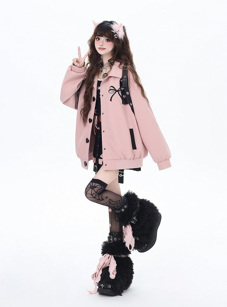 Pink Heart-shaped Snap Baseball Jacket with Detachable Bowknot Strap