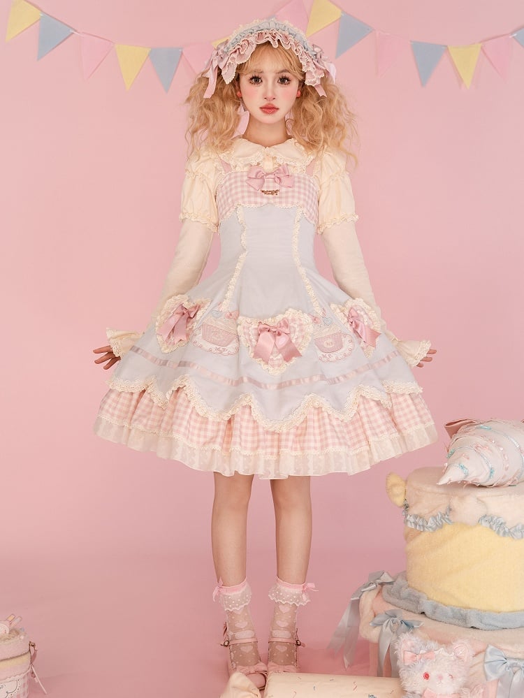Pink Blue Heart and Embroidery Shape Cake JSK Applique Hem Lolita