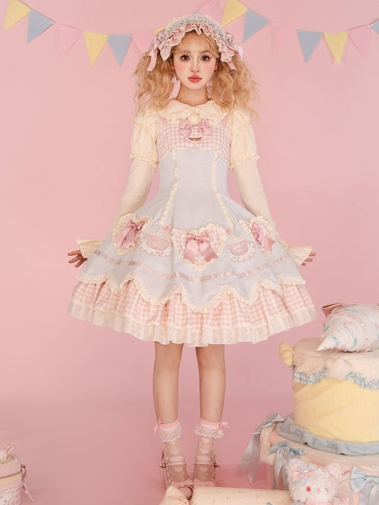 Pink Blue Heart and Embroidery Shape Cake JSK Applique Hem Lolita