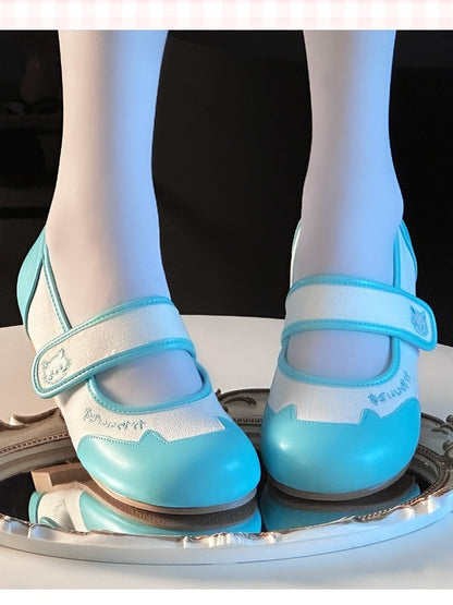 Janes Cat Embroidery Green Kitty Velcro Cute Mary - Flats Ear Closures Toe Round Featuring