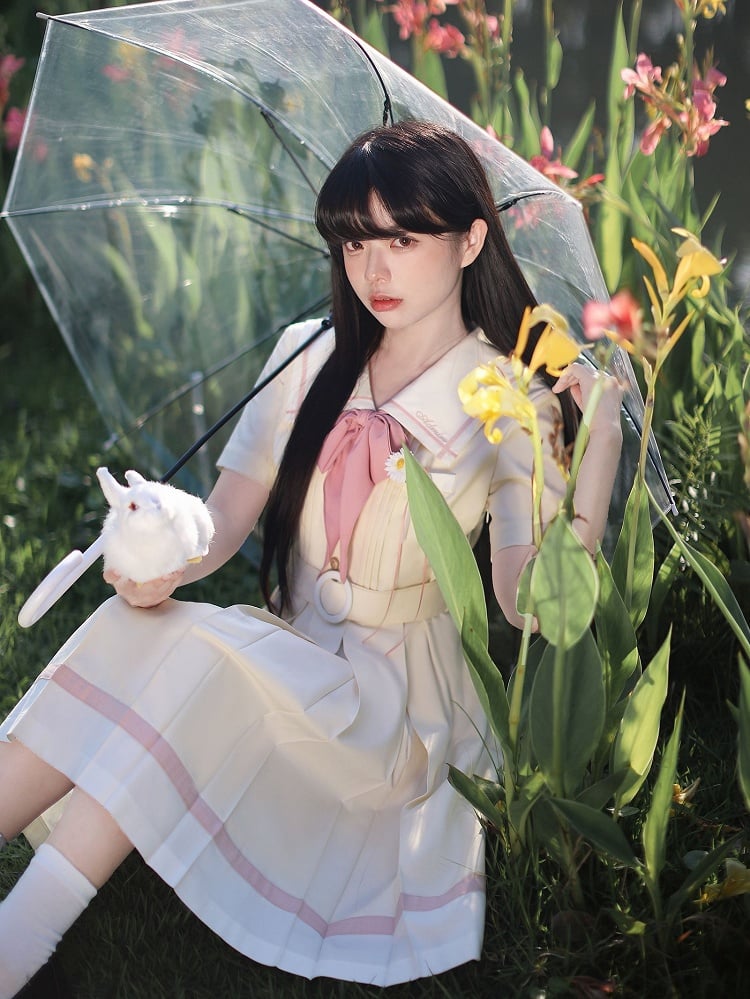 mit Faltenkasten Matrosengelb Milch Taille Kleid Rock Kragen Gürtel