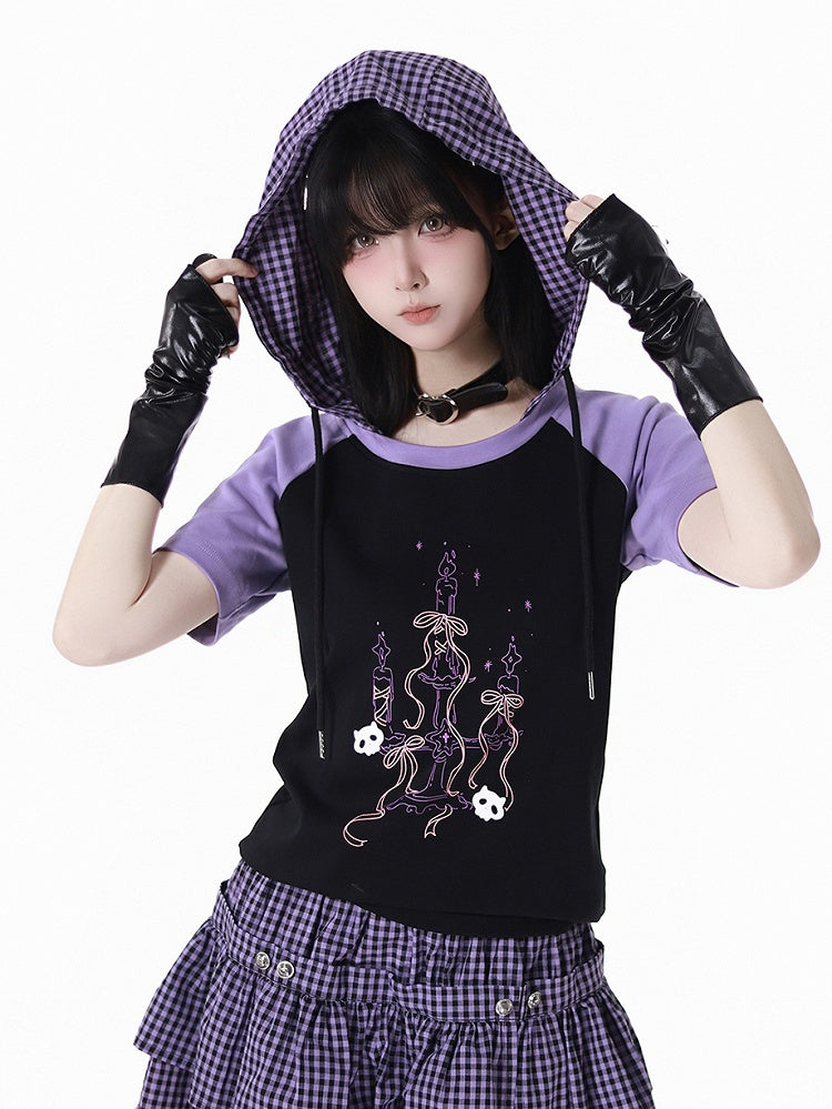 Plaid Hood Graphic T-Shirt Black  Purple Colorblock Design