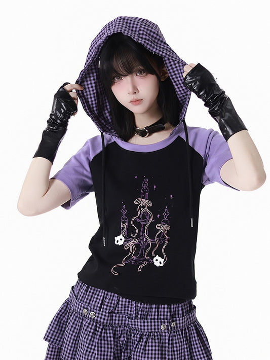 Plaid Hood Graphic T-Shirt Black  Purple Colorblock Design