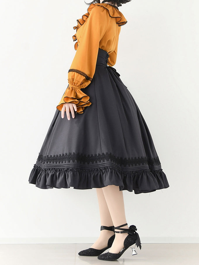 Pumpkin Orange Lace-up Structured Ruffles V-neck Long Sleeves Blouse