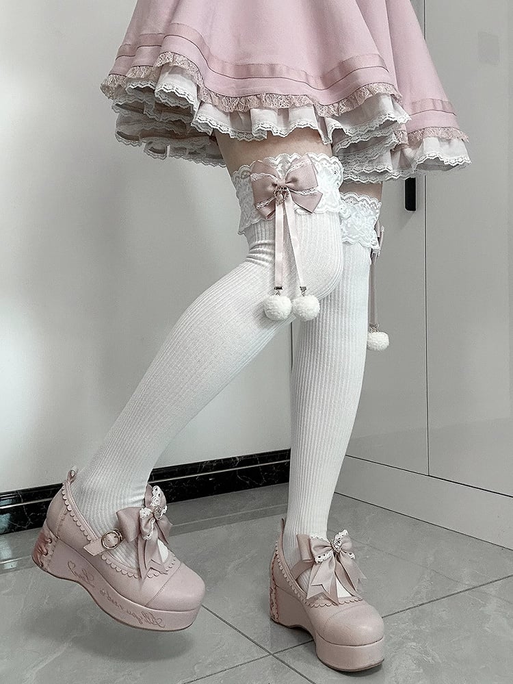 ジライケイ ポンポンディテール レースカフス 蝶結び オーバーニーストッキング