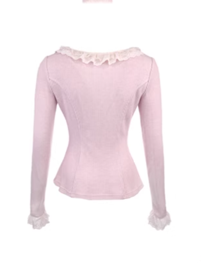 Rosa Strickjacke mit gerüschten Spitzenband-Schleifen-Akzenten