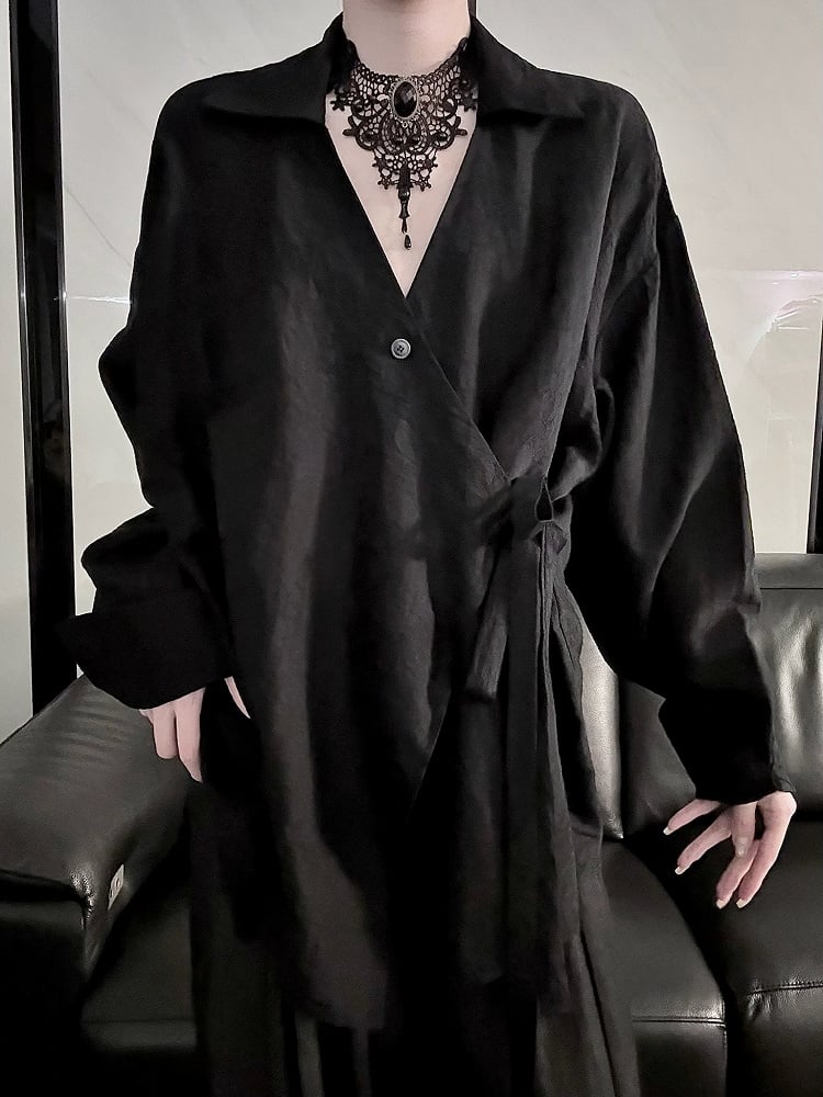 Belt Long Style Shirt Sleeve Self-tie Black Cheongsam