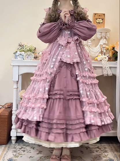 with Elegant Dress Purple Long Lolita Button-Front Tiered Sleeves Ruffle Detail