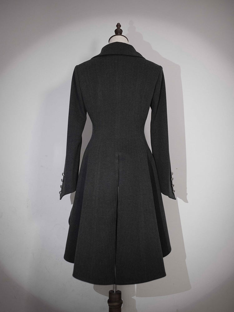 Dunkelgrauer Gothic Lolita Mantel mit flachem Kragen und hohem, niedrigem Saum