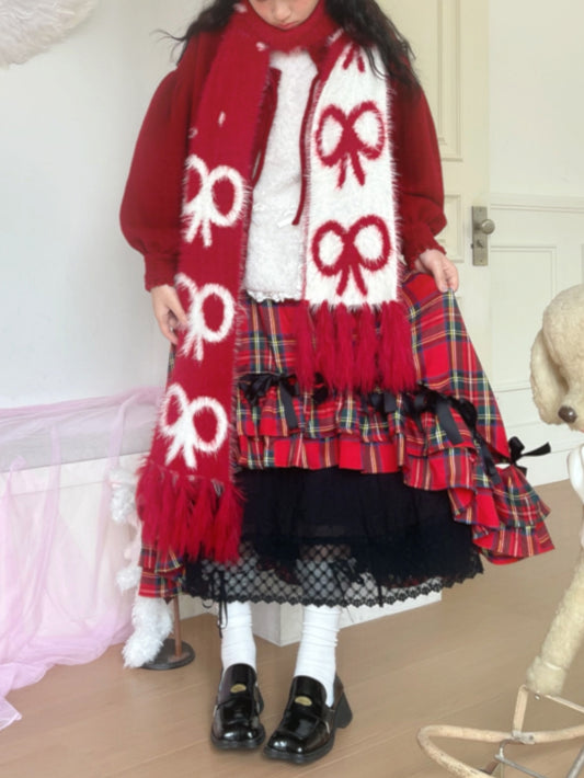 Long Fringe Scarf with Bow Pattern Festive Christmas Red