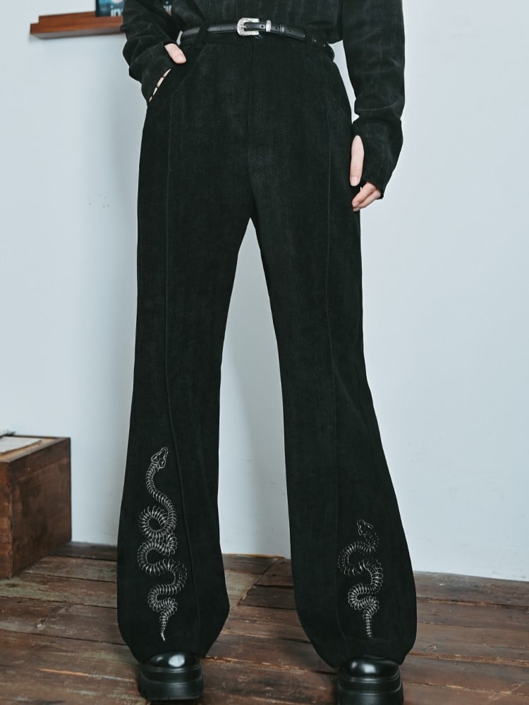 Black with Gothic Chenille Flared Pants Embroidery Snake Cheongsam