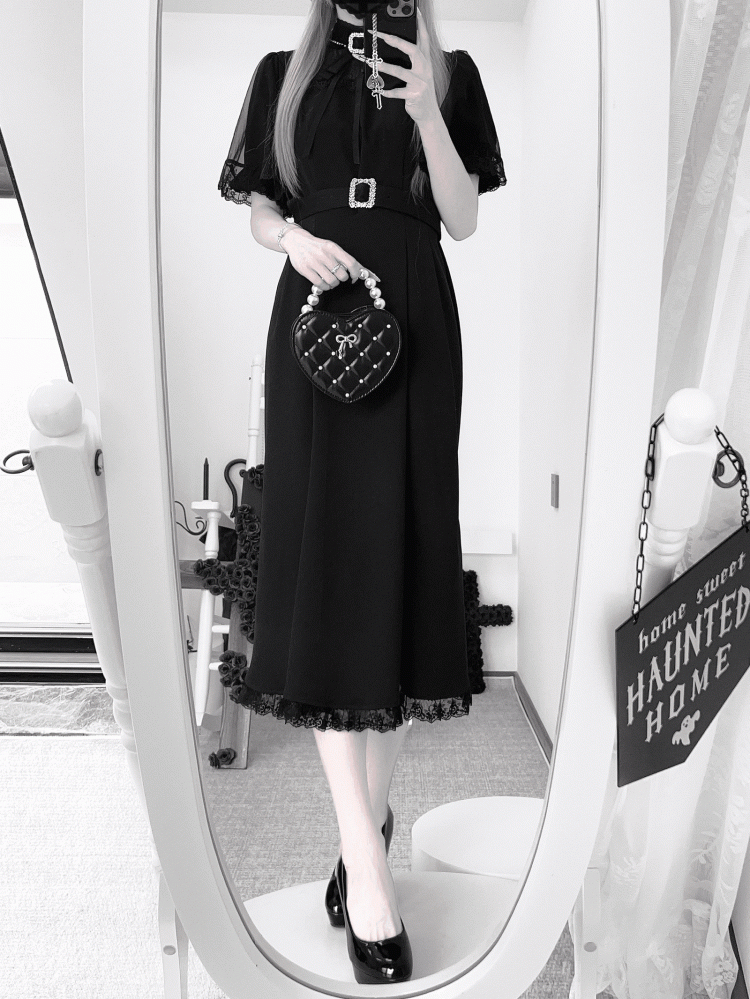 Sleeves Mermaid Neckline Elegant with Jirai and Cape Kei Short Dress Black Illusion