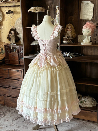 Beige Lolita Pink Skirt Top Corset Jacquard Set Elegant Classic Boned Long +