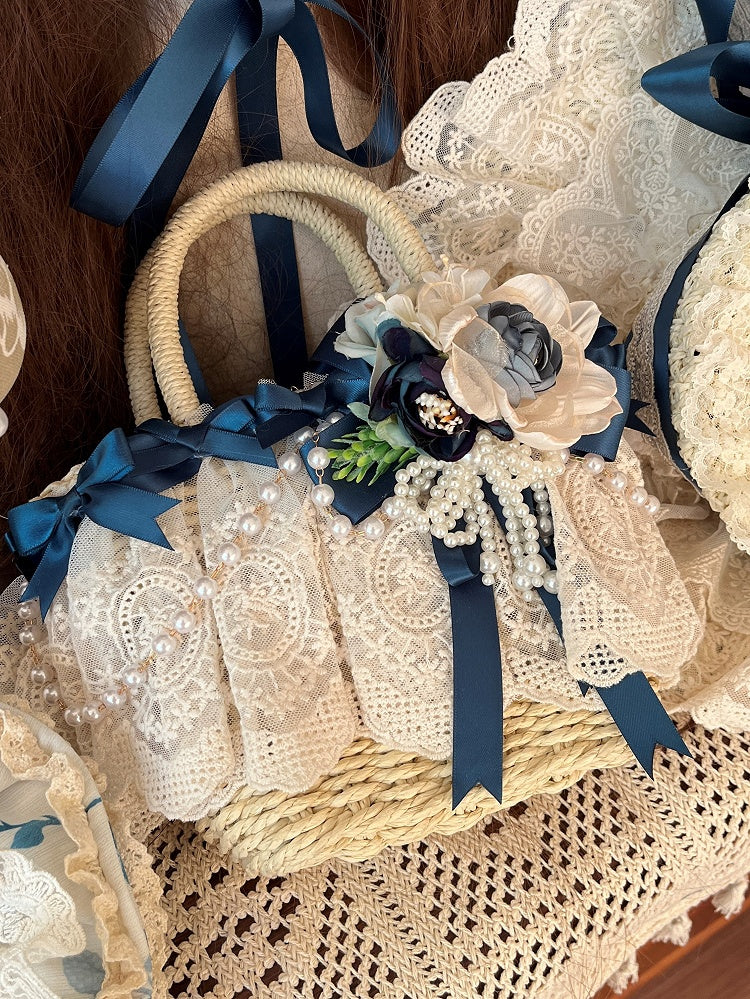 デザインストロートートブルービーズフローラルバッグとチェーン装飾