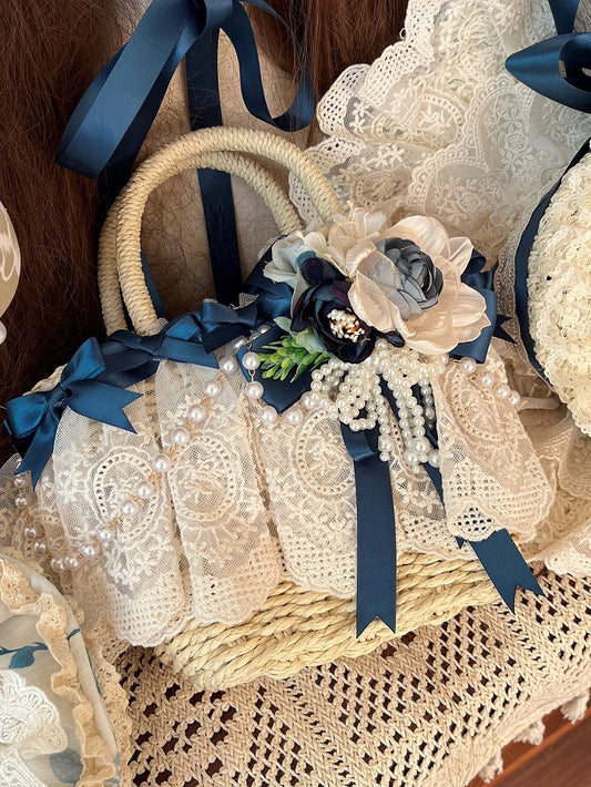 Design Straw Tote Blue Bead Floral Bag and Chain Decoration