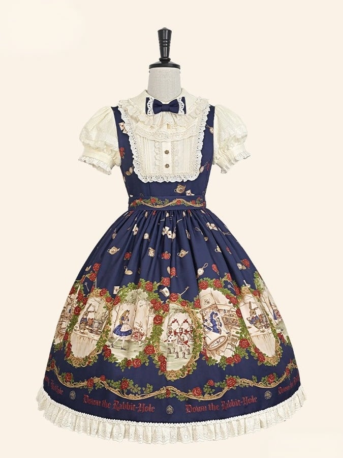 Wonderland Alice Floral Print Dark Blue Lolita OP Puff Sleeves - Stars Fall on the Foggy Island
